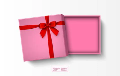 Opened pink gift box with red bow isolated on white background Stock Illustration