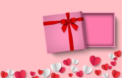 Opened pink gift box with red bow paper heart on pink background Illustrazione stock