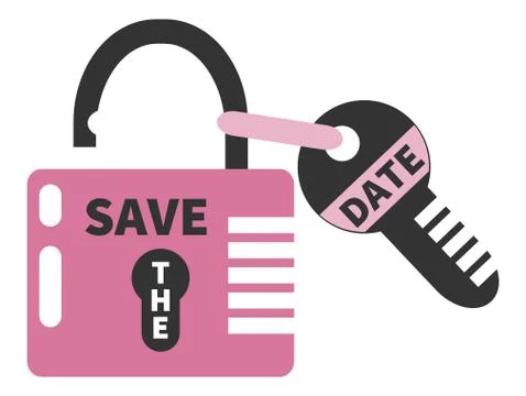 Opened pink padlock and key  with words SAVE THE DATE. Isolated Illustrazione stock