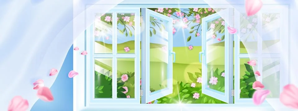 Opened plastic spring window vector background, petals, curtains, green hills Stock Illustration
