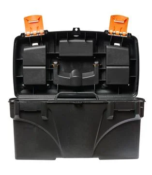 Opened plastic tool box on isolated background Stock Photos