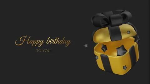 Opened realistic gold gift box with black bow and star. Happy birthday. Vector Illustrazione stock