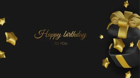Opened realistic gold gift box with black bow and star. Happy birthday. Vector 库存插图