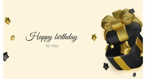 Opened realistic gold gift box with black bow and star. Happy birthday. Vector 库存插图