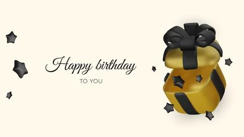 Opened realistic gold gift box with black bow and star. Happy birthday. Vector Illustrazione stock