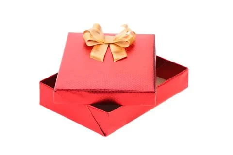  Opened red box with asterisks and golden bow. Opened red box with asteris... Stock Photos