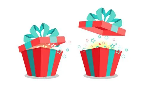 Opened red gift box and flying up lid with bow, magic surprise inside. Isolat Stock Illustration