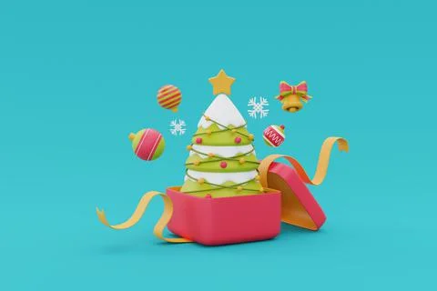 Opened red gift box with christmas tree and christmas ornament. Merry Christm Stock Illustration