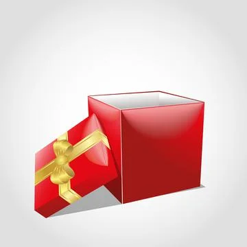 Opened red gift box with gold bow and shinning lights isolated on white backg Stock Illustration
