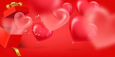 Opened red gift box with red and pink hearts. 3d vector banner with copy spac Иллюстрация
