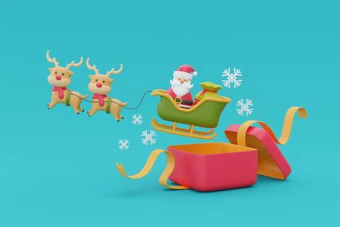 Opened red gift box with Santa Claus sitting on a reindeer sleigh ride and sn Stock Illustration