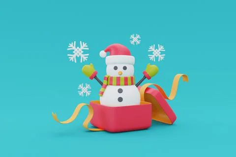 Opened red gift box with snowman and snowflake. Merry Christmas and Happy New Stock Illustration