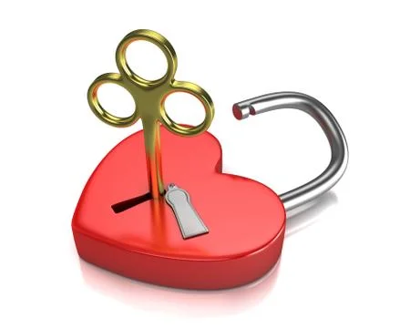 Opened red lock formed as heart with a golden key in a keyhole Stock Illustration