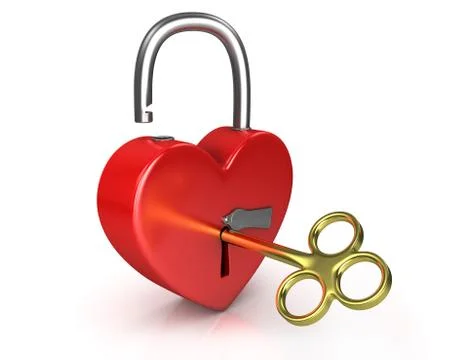 Opened red lock formed as heart with a golden key in a keyhole v Illustration