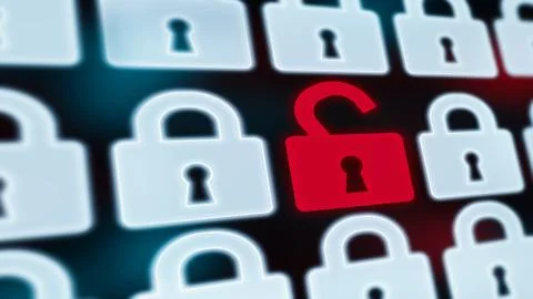 Opened red padlock among white closed locks on digital screen 스톡 일러스트