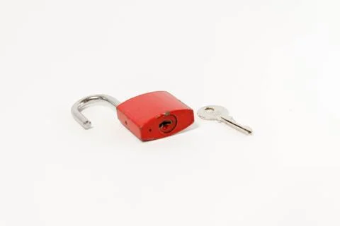 Opened red padlock and key Stock Photos