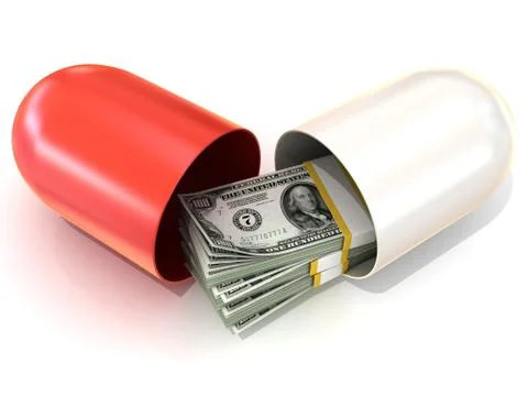 Opened red pill capsule, with dollars stack inside Ilustração Stock