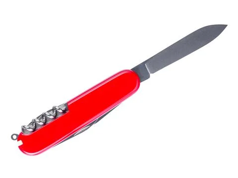 Opened red pocket folding knife isolated on white Stock Photos