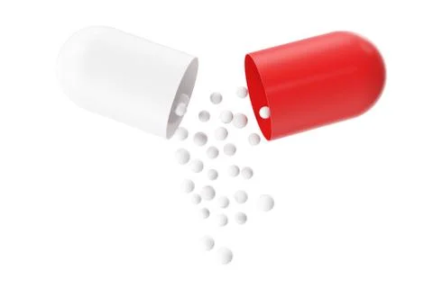 Opened red white pill capsule with white granules. 3d illustration Stock Illustration