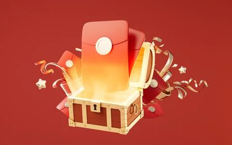 Opened retro treasure box and gift box, 3d rendering. Stock Illustration