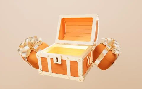 Opened retro treasure box and gift box, 3d rendering. Illustrazione stock