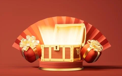 Opened retro treasure box and gift box, 3d rendering. Illustrazione stock