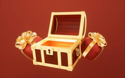 Opened retro treasure box and gift box, 3d rendering. Stock Illustration