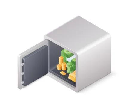Opened safe box full of wealth isolated on white background. Isometric vector Illustrazione stock