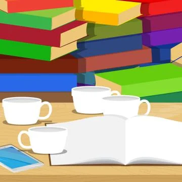 Opened school book, smart phone and a lot of empty coffee cup on desk, stack  Stock Illustration