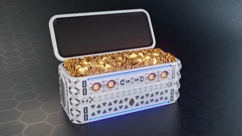 Opened Sci-Fi High-Tech crate with thousands of Golden Bitcoins in it Stock Illustration