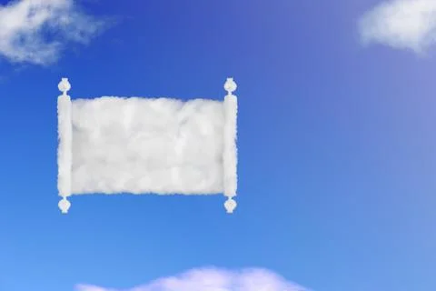Opened scroll of papyrus shape of cloud on blue sky. Stock Illustration