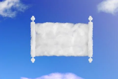 Opened scroll of papyrus shape of cloud on blue sky. Illustrazione stock