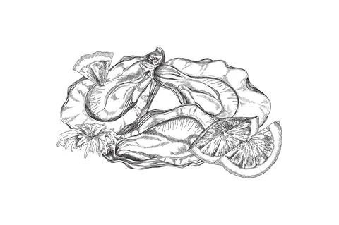 Opened seashell with oyster inside and lemon slices, sketch vector illustration Illustrazione stock
