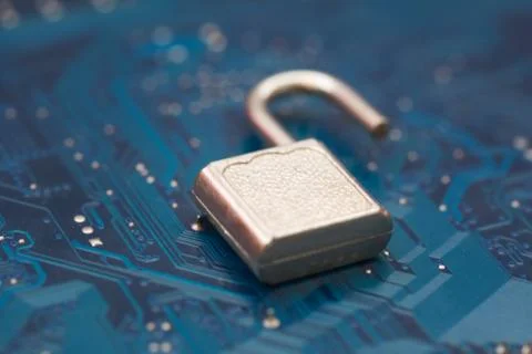Opened security lock, open padlock on background blue computer printed circui 스톡 사진