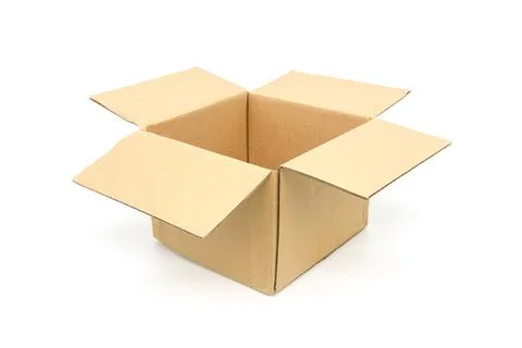 Opened square blank kraft paper carton isolated on white background Foto stock