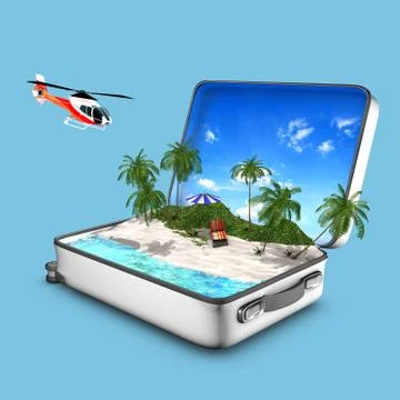 Opened suitcase that contains a paradise beach. Stockillustratie