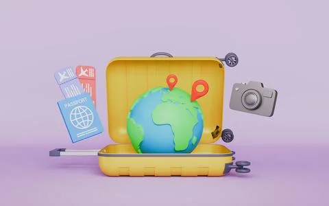 Opened suitcase with globe, Camera, Passport and tickets, Tourism and travel 스톡 일러스트