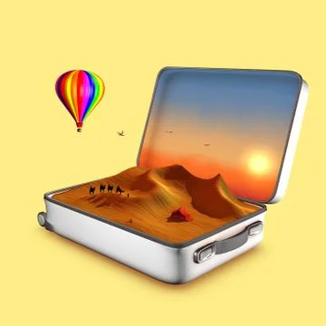 Opened suitcase that invitates to visit dunes. Stock Illustration