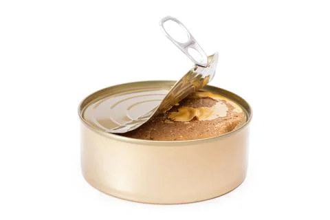 Opened Tin Can with Chicken Liver Pate Isolated on White Background Stock Photos