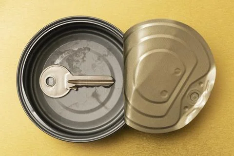 Opened tin can with a door key inside Stock Photos