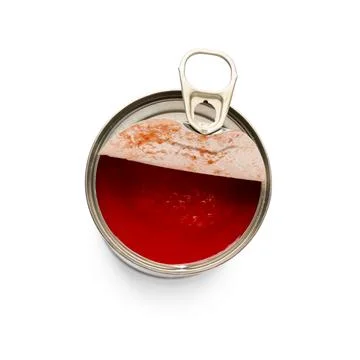 Opened tin can with tomato paste isolated on white background Stock Photos