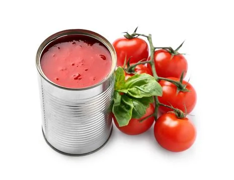 Opened tin can with tomato paste and ingredients isolated on white background Stock Photos