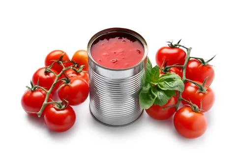 Opened tin can with tomato paste and ingredients isolated on white background Stock Photos