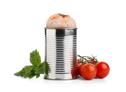 Opened tin can with tomato paste and ingredients isolated on white background Stock Photos