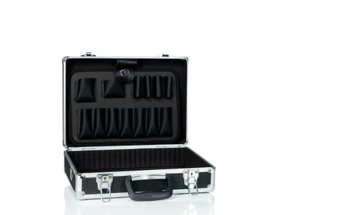 Opened toolbox isolated on white background. Empty tool box with handle. Silv Stock Photos