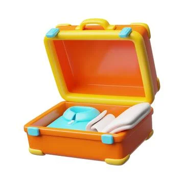 Opened travel suitcase full of things for vacation 3D cartoon vector icon Stock Illustration