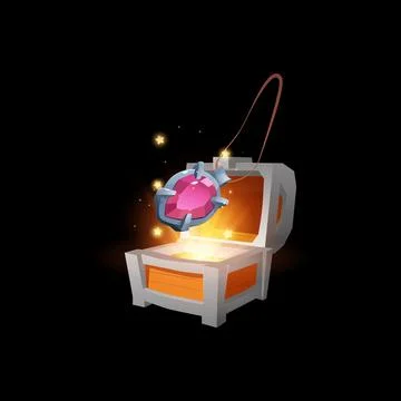 Opened treasure chest and amulet with pink gem stone flat style Stock Illustration