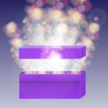 Opened violet gift box with and beam lights. Stock Illustration