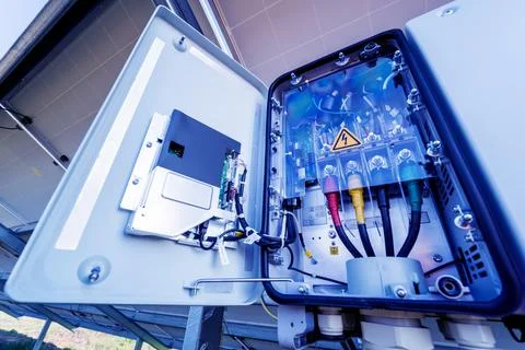 Opened voltage inverter at the back side of solar panel Stock Photos