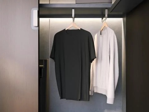 Opened wardrobe with empty T-shirts. 3d rendering Illustrazione stock